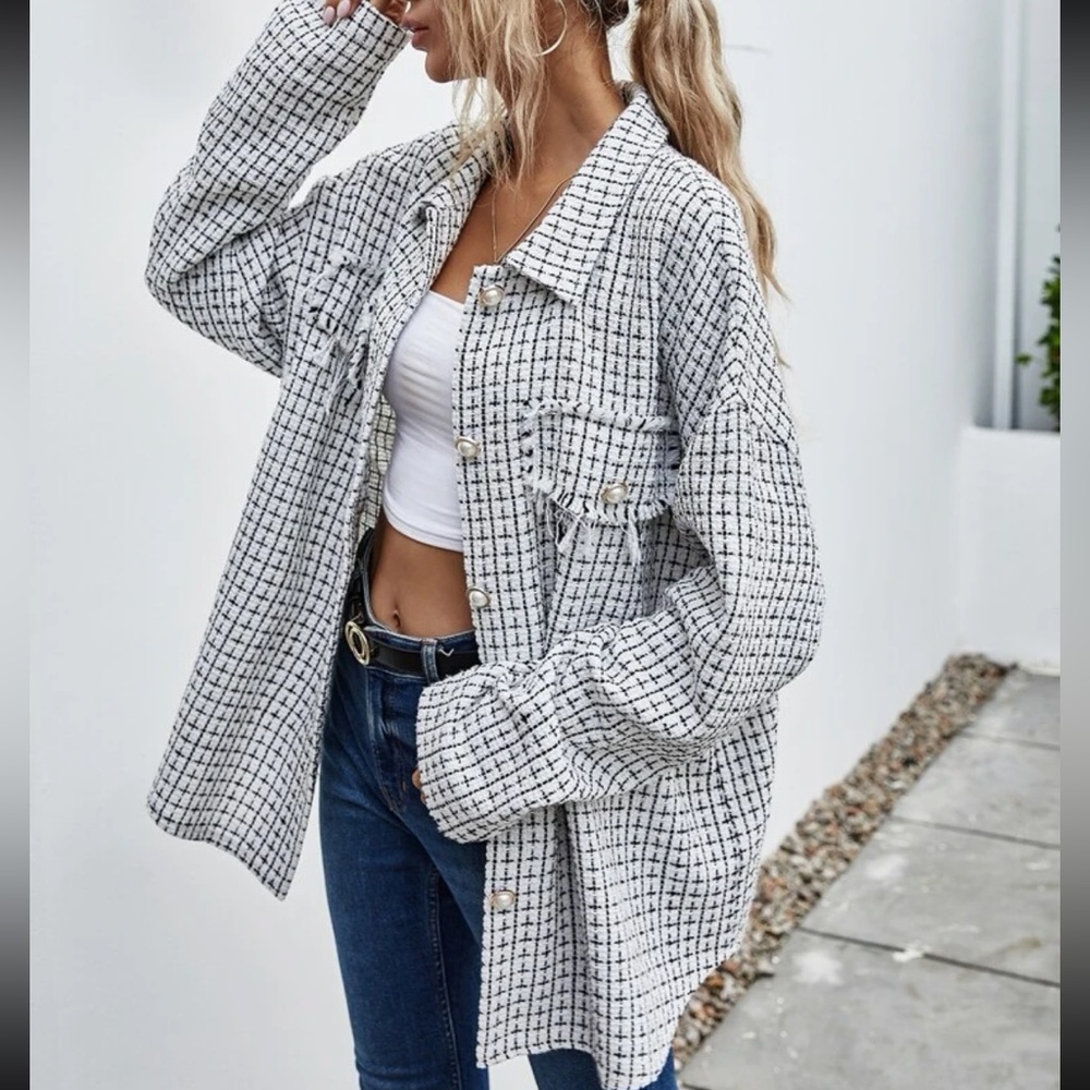 SHEIN plaid print single breasted drop should tweed coat